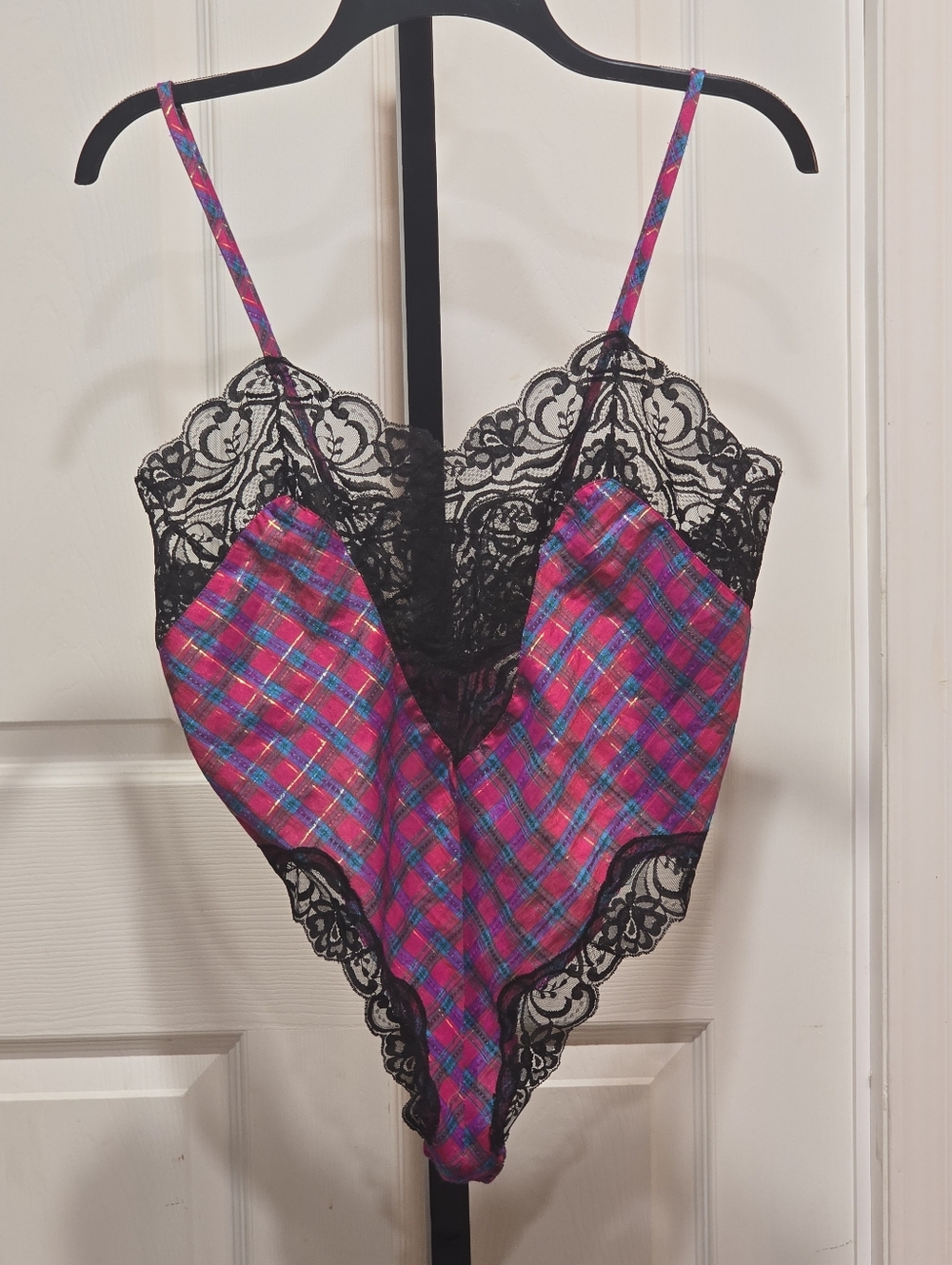 Vintage Victoria's Secret Lace Trim Pink Plaid Teddy Bodysuit